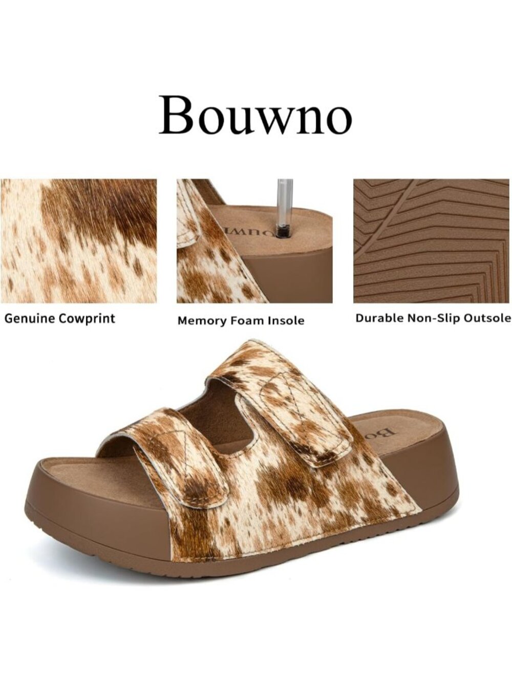 Womens Brown Cowprint Genuine Leather Slip on Slide Buckle Platform Sandal Shoes - Picture 4 of 6